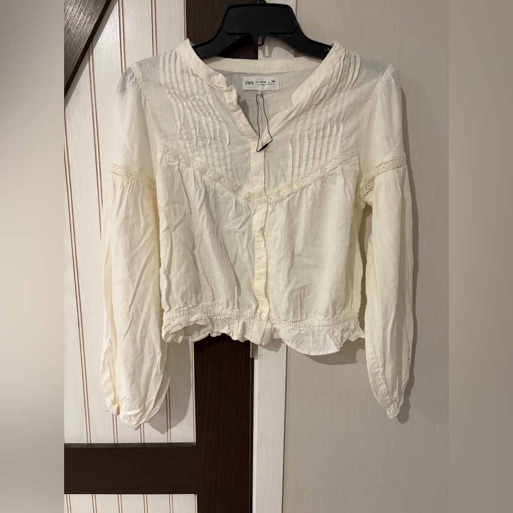 Zara Off-White Blouse with Lace Romantic Pin Tuck Cottagecore Size 13-14